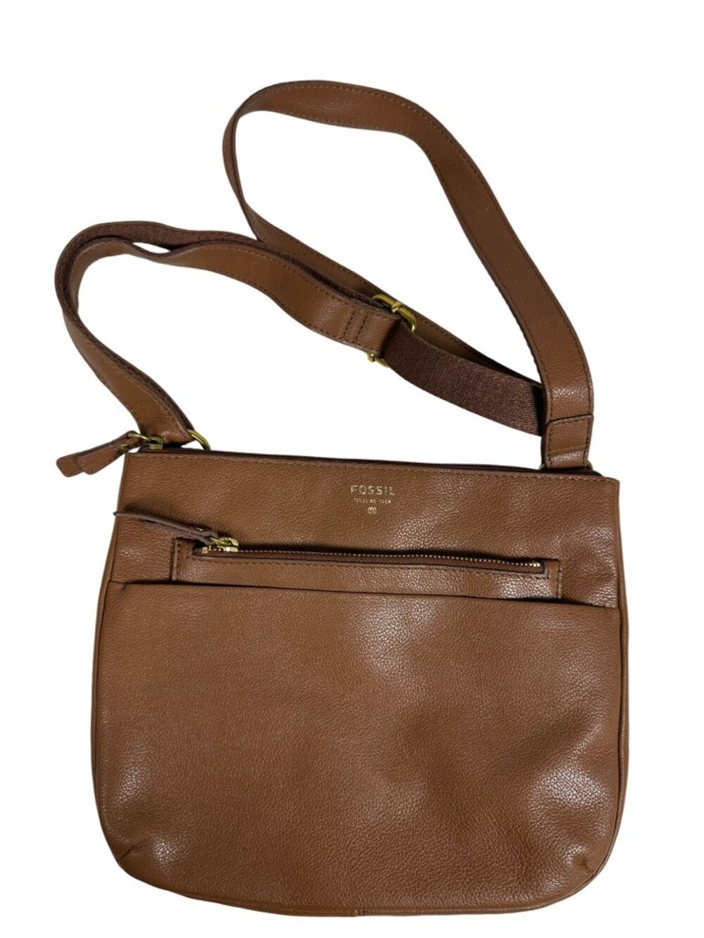 Fossil Brown Cow Hide Leather Crossbody Bag With Adjustable Strap & Zip Closure